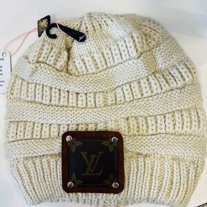 NWT Upcycled Louis Vuitton Cream Knit Beanie with Faux Fur Pom